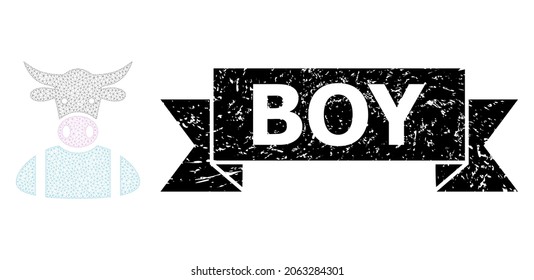 Boy textured stamp seal and vector cow boy mesh structure. Black stamp seal contains Boy text inside ribbon and rosette. Abstract flat mesh cow boy, built from triangles.