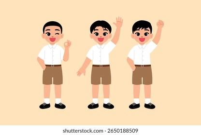 boy in Thai school middle school or high school uniform with brown shorts ok hand, smile boy cartoon raise hand, happy student character raise fist illustration