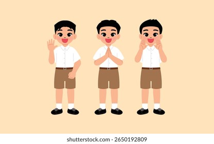 boy in Thai school middle school or high school  uniform with brown shorts respecting to greeting , smile boy cartoon waving hand, happy student character telling or announce illustration