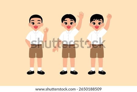boy in Thai school middle school or high school uniform with brown shorts ok hand, smile boy cartoon raise hand, happy student character raise fist illustration