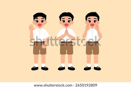boy in Thai school middle school or high school  uniform with brown shorts respecting to greeting , smile boy cartoon waving hand, happy student character telling or announce illustration