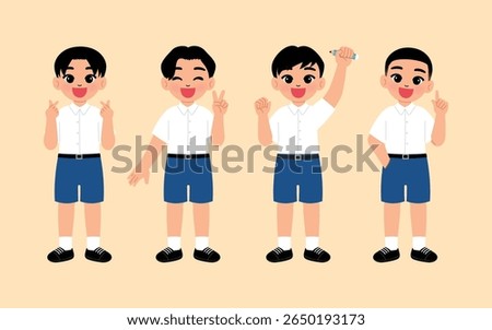 boy in Thai school middle school or high school  uniform with blue shorts hold pencil up, smile boy cartoon making finger heart, two finger, happy student character index finger up illustration