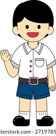 ein Junge in einer thailändischen Schuluniform winkt