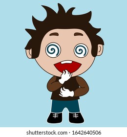 boy that is expressing overwhelming joy with wide smile and hypnotized spiral eyes, simple colored emoticon,  vector emoji in color, funny cartoon character from a set