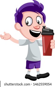 Boy with thermos, illustration, vector on white background.