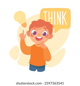 Boy Think as Verb Study with Little Kid Demonstrating Activity Vocabulary Vector Illustration
