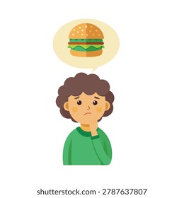 Boy Thinking About Burger Food Concept Cartoon Vector Illustration