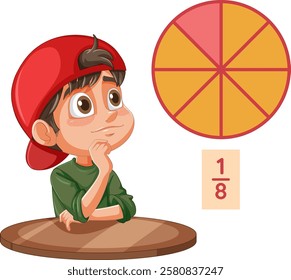 Boy thinking about fractions and pie chart
