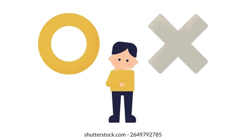 Menino pensando com marca de verificação e cruz - tomada de decisão e ilustração de vetor de confusão