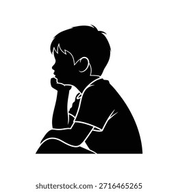 Boy thinking or contemplating. Child in a pensive pose with hand on chin. Kid reflecting or wondering. Deep thought process.