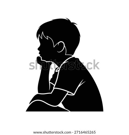 Boy thinking or contemplating. Child in a pensive pose with hand on chin. Kid reflecting or wondering. Deep thought process.