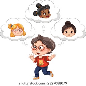 A boy thinking of different girl illustration