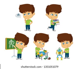 Boy thinking. Emotions and gestures. Think not, do not understand, Think out. The concept of learning and growing boy. Cartoon illustrations vector	
