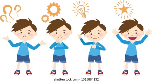 Boy thinking  Emotions and gestures. Think not, do not understand, Think out. The concept of learning and growing children. Cartoon illustrations vector