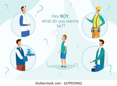 Boy Thinking of Future Education and Career Choice. Thoughtful Schoolboy Looking Up at Thought Bubbles with Various Professions as Engineer, Doctor, Manager, Waiter. Cartoon Flat Vector Illustration