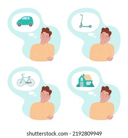 A boy thinking of his wishes with closed eyes. Set of four vector illustrations isolated on white background