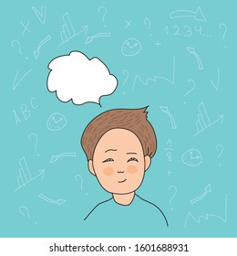 The boy is thinking. Question mark, numbers, letters, arrows. Vector hand drawn illustration in cartoon style.