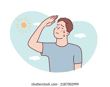 Boy Thirsty From Heat Of The Summer Sun.boy Feels So Thirsty Because Of Hot Weather. Hand Drawn Style Vector Design Illustrations.