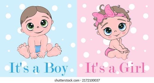 It's a boy. This is a girl. A set of invitations on a blue and pink background. Cute, shy girl and boy for gender reveal, birthday party Flat vector design for Baby Shower party decoration, invitatiоn