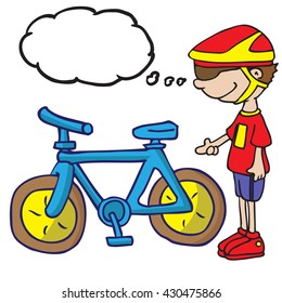 boy with thought bubble and his bicycle cartoon