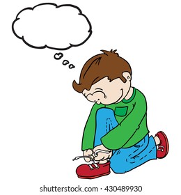 boy with thought bubble tying a shoelace cartoon