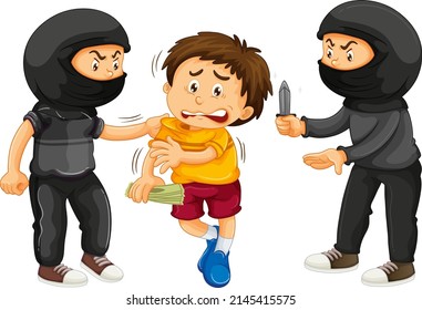 A boy threatened from two robbers illustration