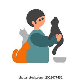 Boy with three cats cartoon vector illustration. Human and colorful pets. Red, grey and black animals with the kid.