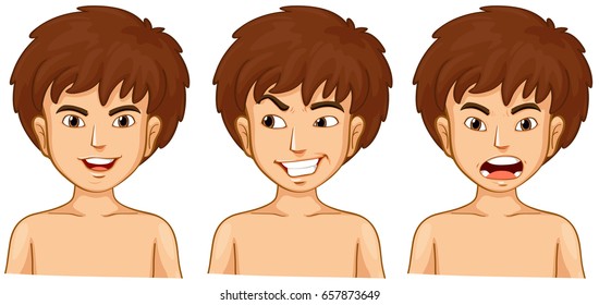 Menino em três emoções ilustração