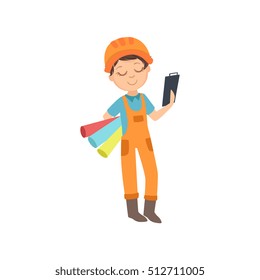 Boy With Three Wallpaper Rolls And A Checklist, Kid Dressed As Builder On The Construction Site Future Dream Profession Set Illustration