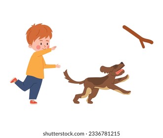 The boy threw a stick to the dog, child training little puppy. Kid teaches dog to command. Playing together vector illustration. Children and pet friendship isolated on white background