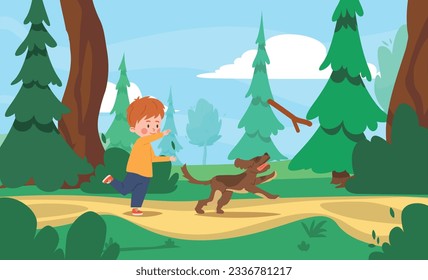 Boy threw a stick to the dog, child training little puppy. Playing together in the forest on the lawn. Kid teaches dog to command. Children and pet friendship vector illustration