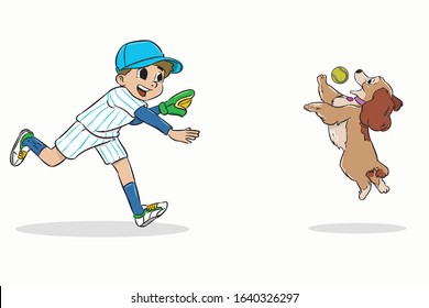 boy throw ball to the dog jumping vector hand draw