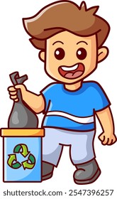 boy throw garbage in the trash bin the Vector Illustration Icon. Flat Cartoon Style