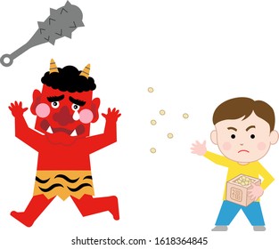 A boy throwing beans at the red demon on SETSUBUN (last day of winter), isolated on white background. / Japanese traditional event / Exorcism
Translation : fortune
