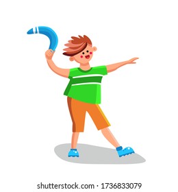 Boy Throwing Boomerang Playing Equipment Vector. Happy Smiling Little Child Person Play Throw Boomerang Hunter Tool. Playful Funny Time Activity Character Flat Cartoon Illustration