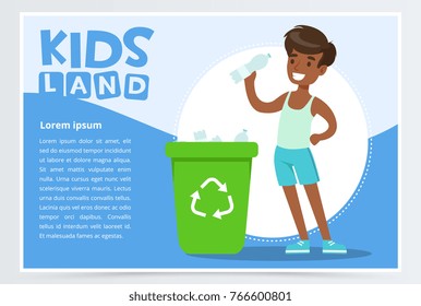 Boy throwing bottle into green container with plastic, waste recycling infographic concept, kids land banner flat vector element for website or mobile app