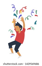 Boy throwing confetti childish holiday Birthday party vector child or kid having fun celebration and congratulation wish and greeting dancing surprise curls and swirls isolated male character.
