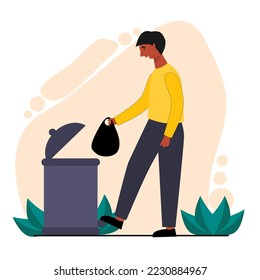 Boy throwing garbage in dustbin ilustration character vector