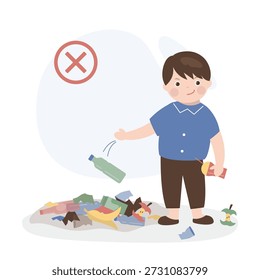Um menino jogando lixo na rua. criança com mau comportamento fazer lixo. ilustração vetorial plana