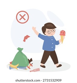 A boy throwing garbage on street. little kid with bad behavior do littering. Child throws an ice cream container onto a trash heap, polluting the environment. flat vector illustration