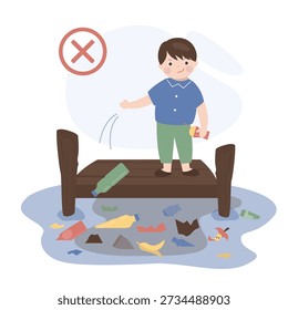 A boy throwing garbage in river or ocean. little kid with bad behavior do littering in water. Dirty sea. flat vector illustration
