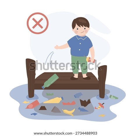 A boy throwing garbage in river or ocean. little kid with bad behavior do littering in water. Dirty sea. flat vector illustration