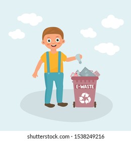 Boy throwing litter in trashcan. Electronic separate cans recycling. Sorting garbage concept. Colorful trash cans. Kids help to collect garbage.