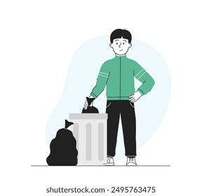 Boy throwing out trash. Child throws black bags of trash into trash. Kid with household chores and routine. Little helper and assistant. Linear vector illustration isolated on white background