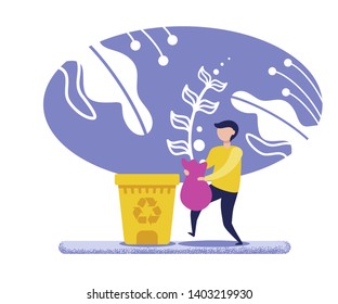 Boy Throwing Package with Garbage In Trash Bin Helping Eco-Friendly Outdoors Cartoon Flat Vector Illustration. Male Character Caring about Environment and Ecology. Rubbish Bag in Man Hands.