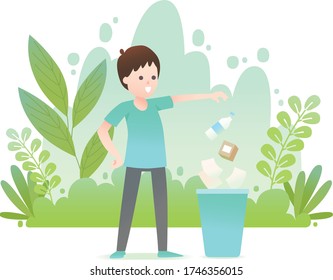 Boy throwing plastic bottle and box to garbage bin