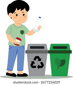 Niño que lanza la botella de plástico y la basura orgánica en la ilustración separada de los contenedores