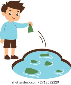 Boy throwing rubbish into river illustration in flat cartoon vector style promoting environmental awareness education responsibility children learning and pollution prevention
