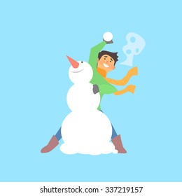 Boy Throwing Snowball and a Snowman. Flat Vector Illustration