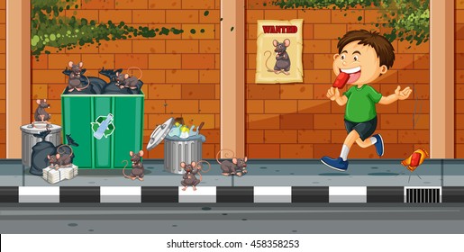 Boy throwing trash on the street illustration